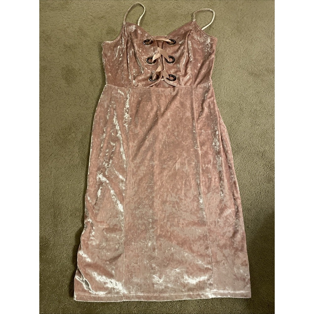 PROJECT RUNWAY BLUSH‎ PINK CRUSHED VELVET  MIDI DRESS SPAGHETTI STRAPS SIZE L